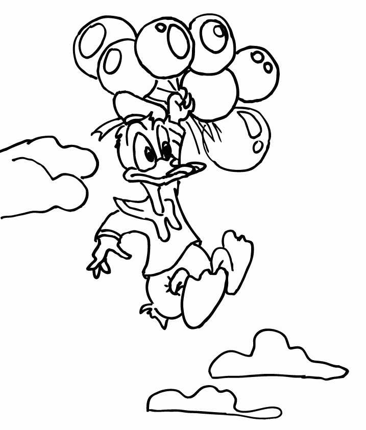 Donald Duck Flying in the Sky with Balloons Coloring Online 