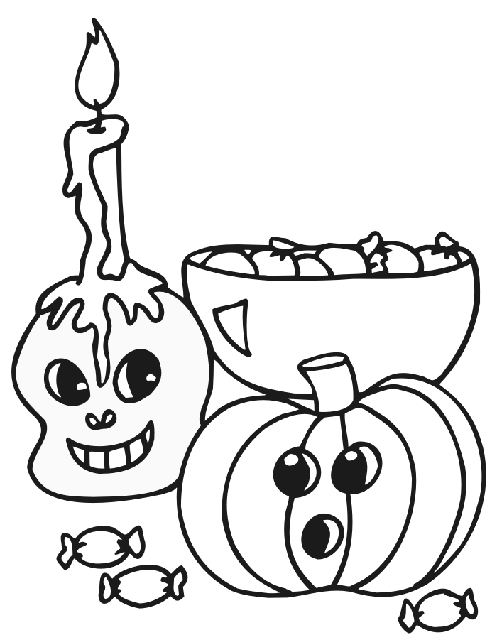 Halloween Coloring Page | Pumpkin, Skull and Candy