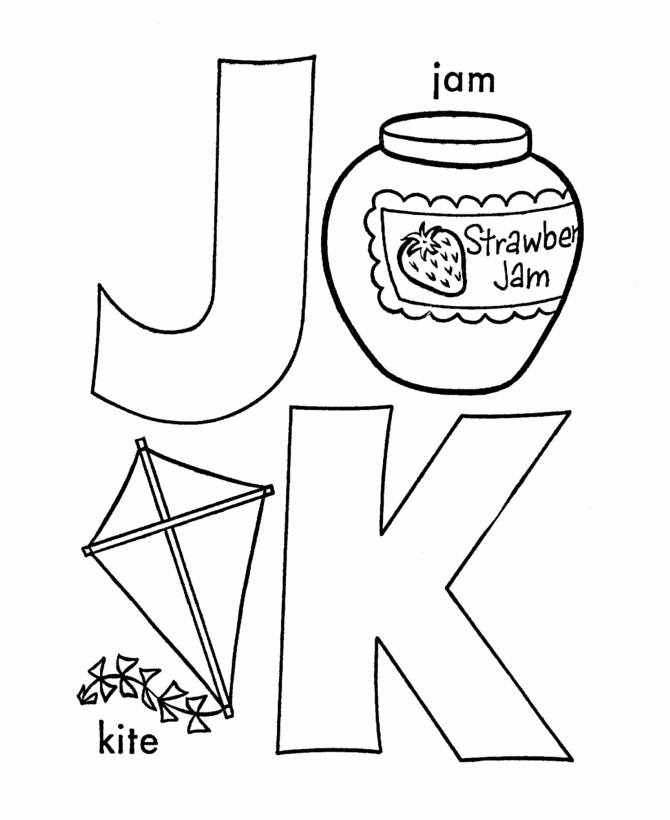 ABC Alphabet Coloring Sheet - J/K is for Jam / Kite | HonkingDonkey
