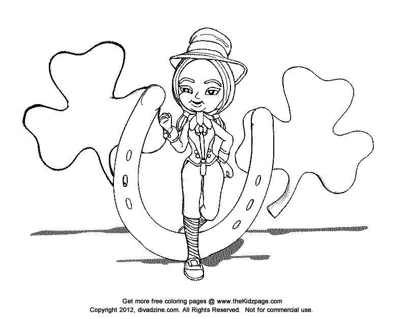 Girl and Lucky Horse Shoe St. Patrick's Day - Free Coloring Pages 