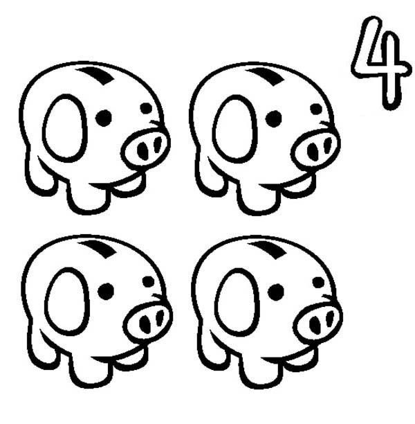 Learn Number 4 with Four Piggy Banks Coloring Page | Bulk Color