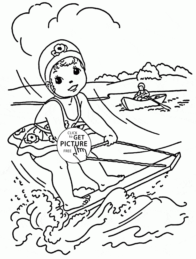 Little Girl Rides on a Water Board coloring page for kids, seasons ...
