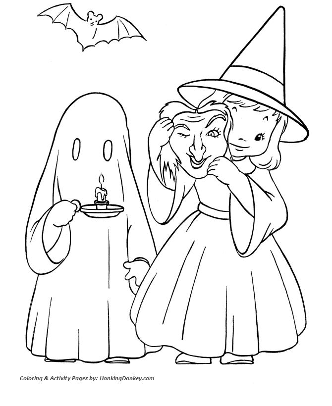 Halloween Witch Coloring Pages - Cute Halloween Witch with a Mask |  HonkingDonkey