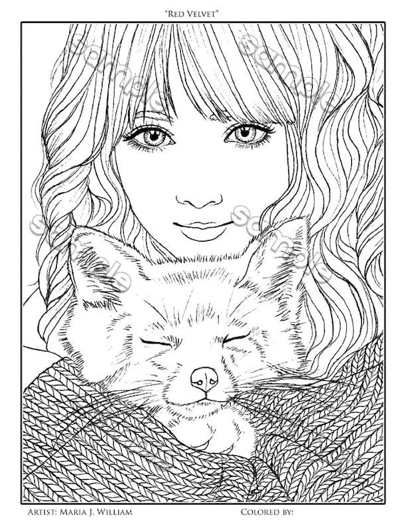 Cute Girl & Fox Coloring Page by Maria J. William Instant PDF - Etsy