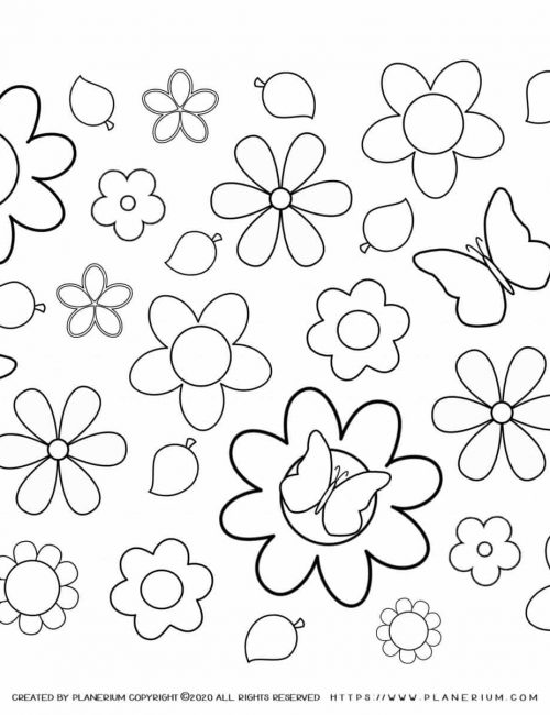 Spring - Coloring page - Flowers and Butterflies | Planerium