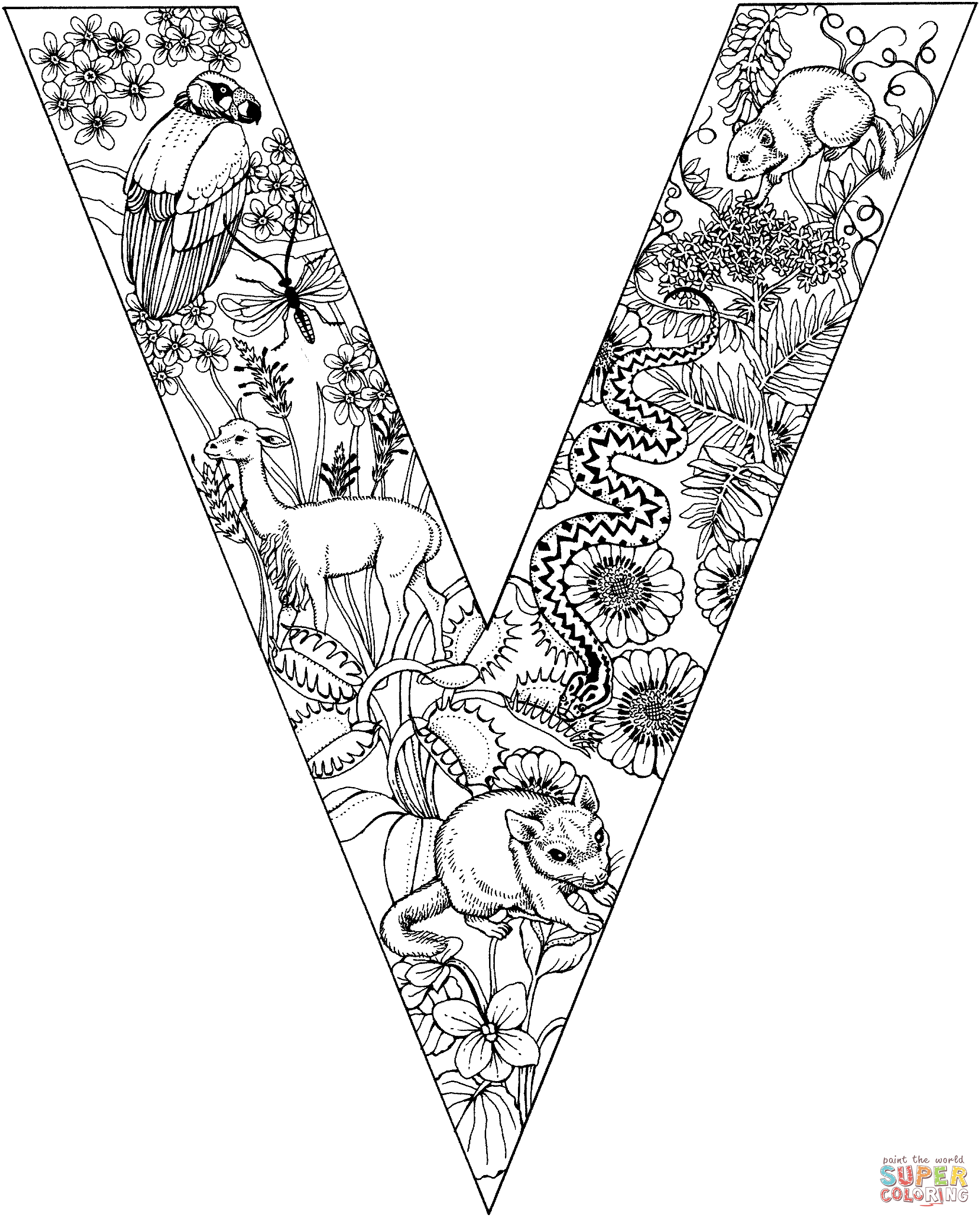 Letter V with Animals coloring page | Free Printable Coloring Pages