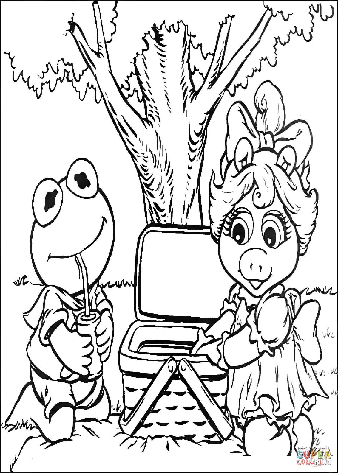 Baby Kermit and Miss Piggy on a Picnic coloring page | Free ...