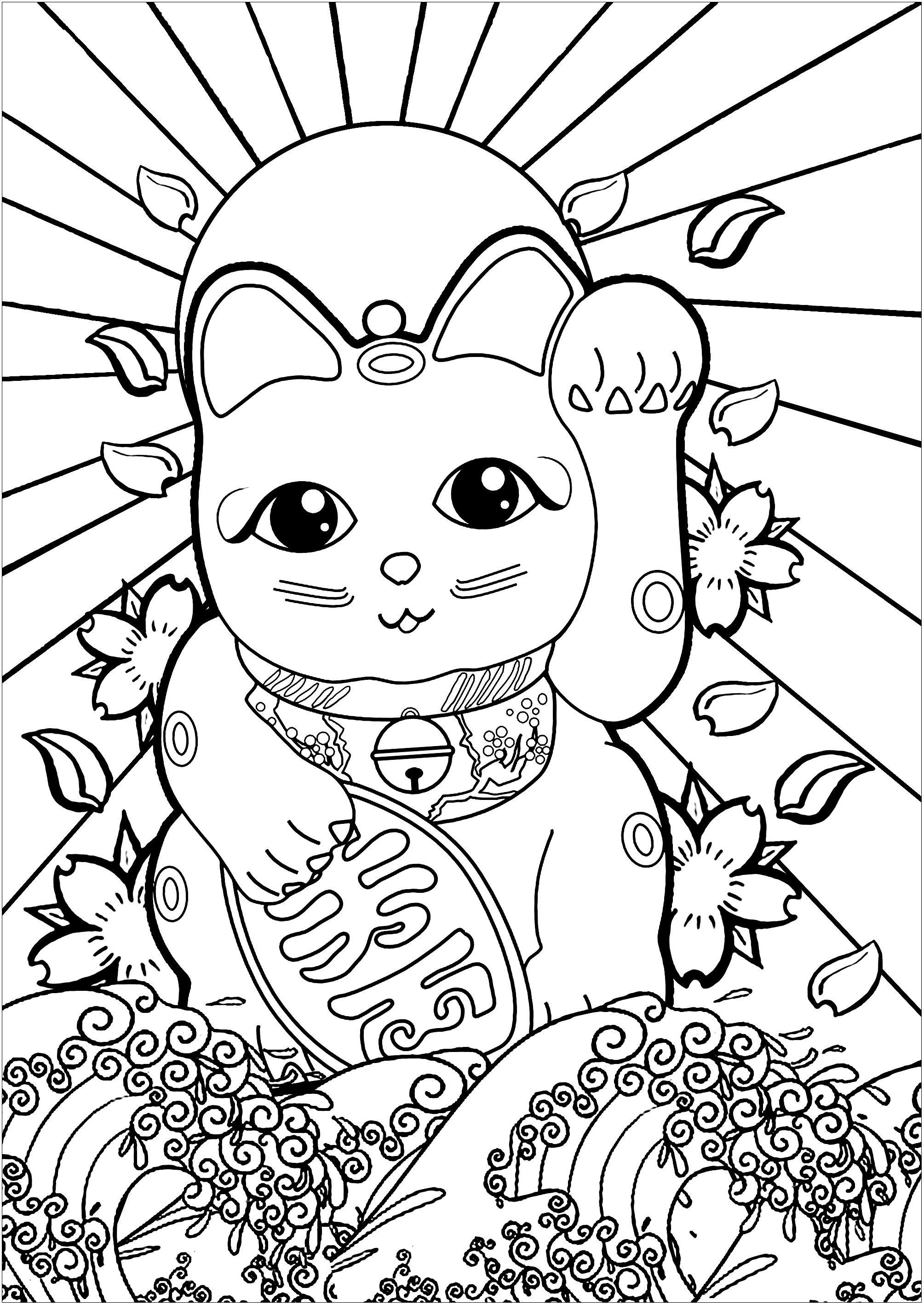 Maneki Neko and The Great Wave - Japan Adult Coloring Pages