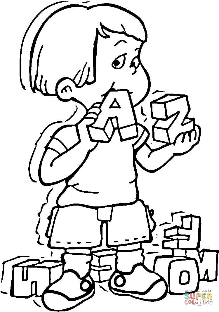 Kid is playing with the alphabet cubes A and Z coloring page | Free  Printable Coloring Pages