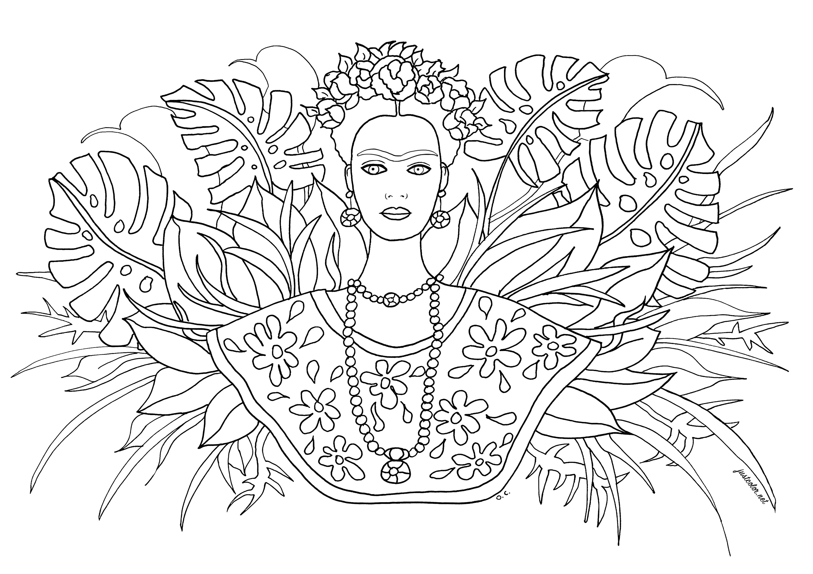 Frida Kahlo and leaves - Anti stress Adult Coloring Pages