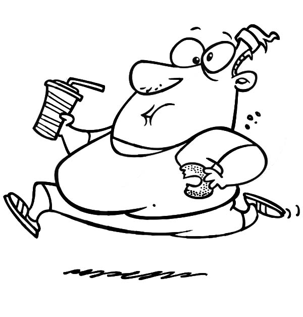Fat Boy Running with Donut and Soft Drink Coloring Pages - NetArt