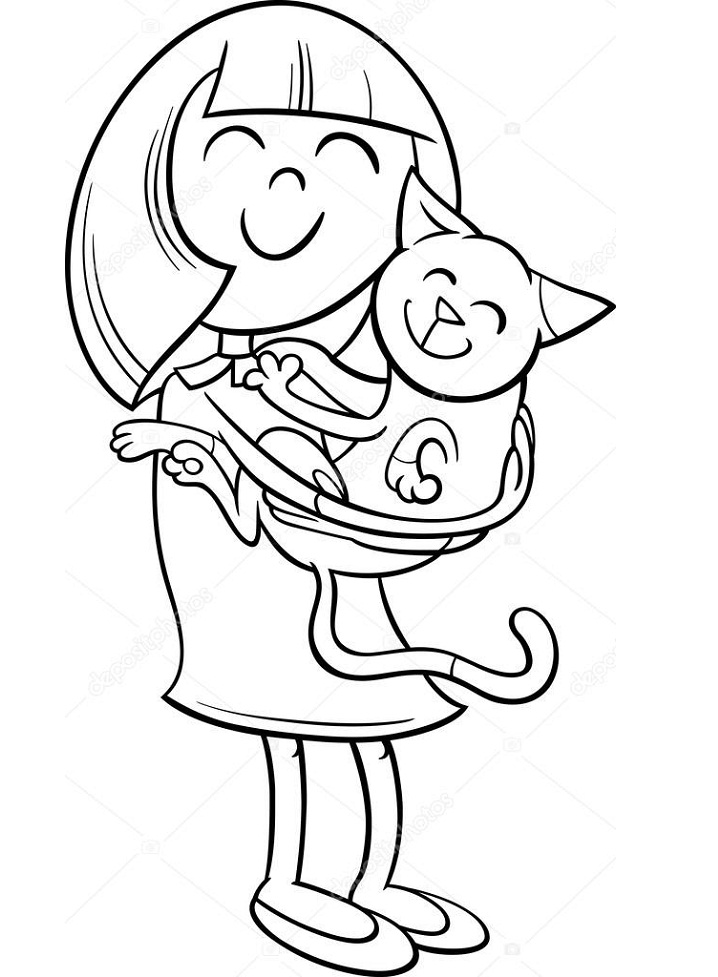 Little Girl Hugs Kitten Coloring Page - Free Printable Coloring Pages for  Kids