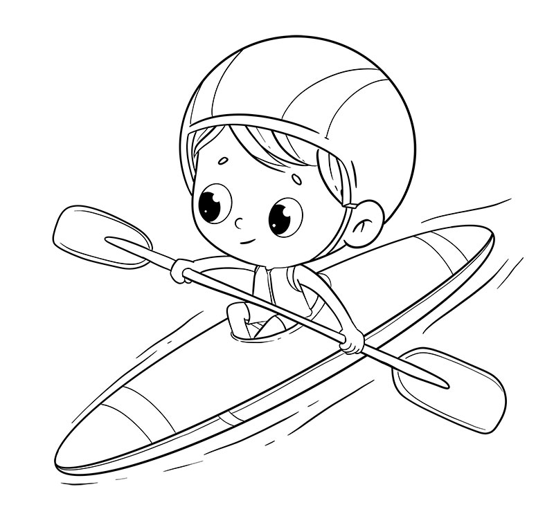 Boy riding in a canoe with a helmet. Coloring page - Illustrations from  Dibustock Children's Stories. Illustration experts