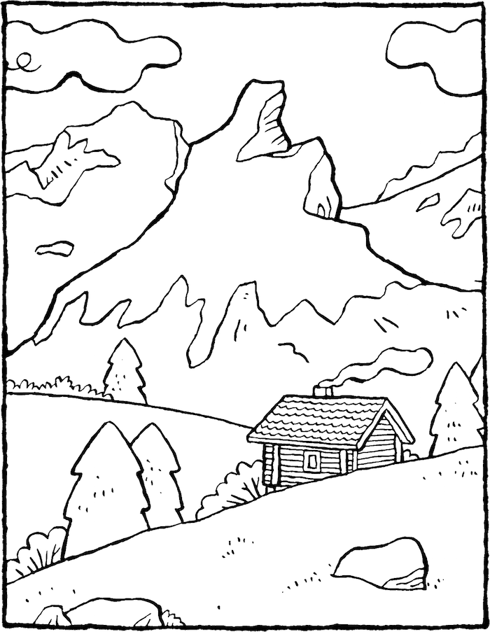 Printable Small House on the Hill coloring page for both aldults and kids.