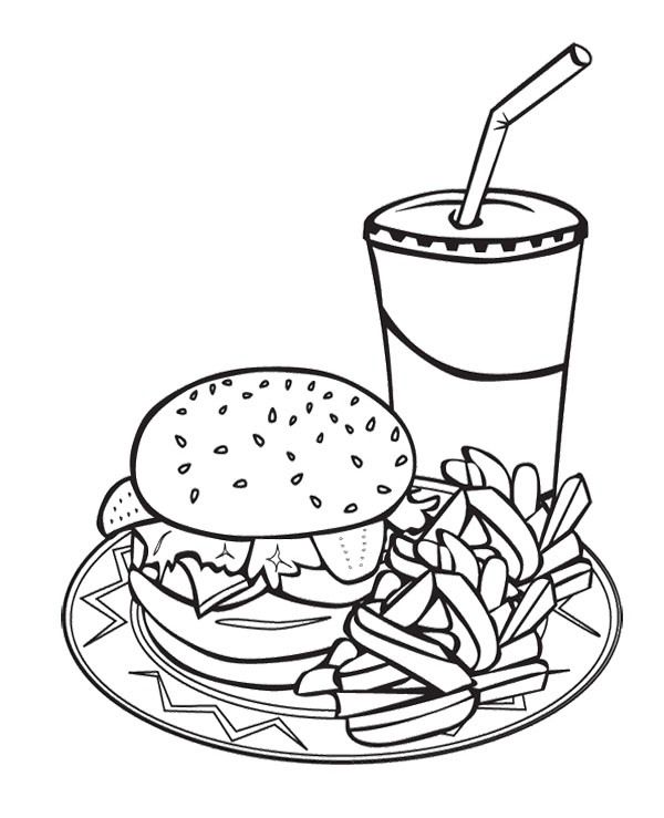 Printable Junk Food Burger And Drink Coloring Page For Kids | Food ...