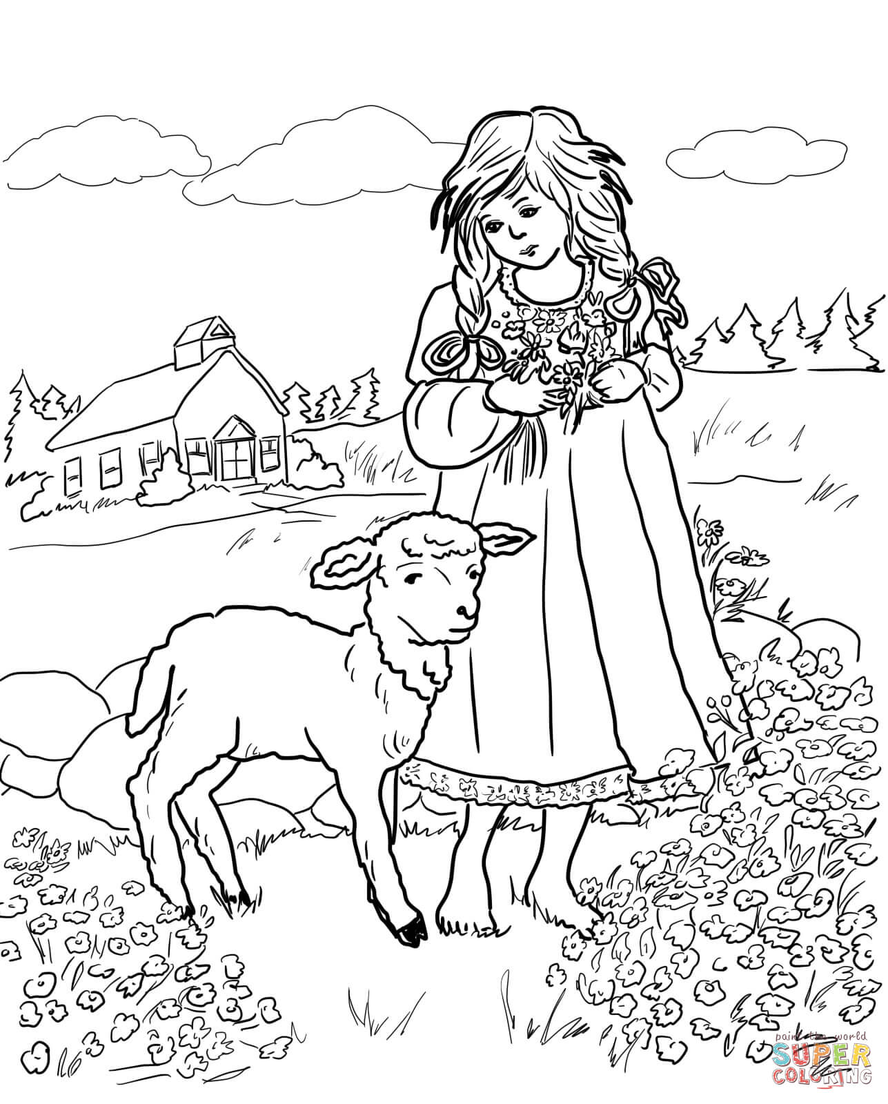 Mary with a Little Lamb coloring page | Free Printable Coloring Pages