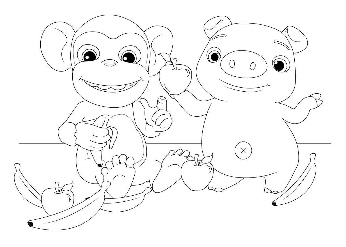 Mochi and Pepe Coloring Page Monkey and Pig Coloring Page