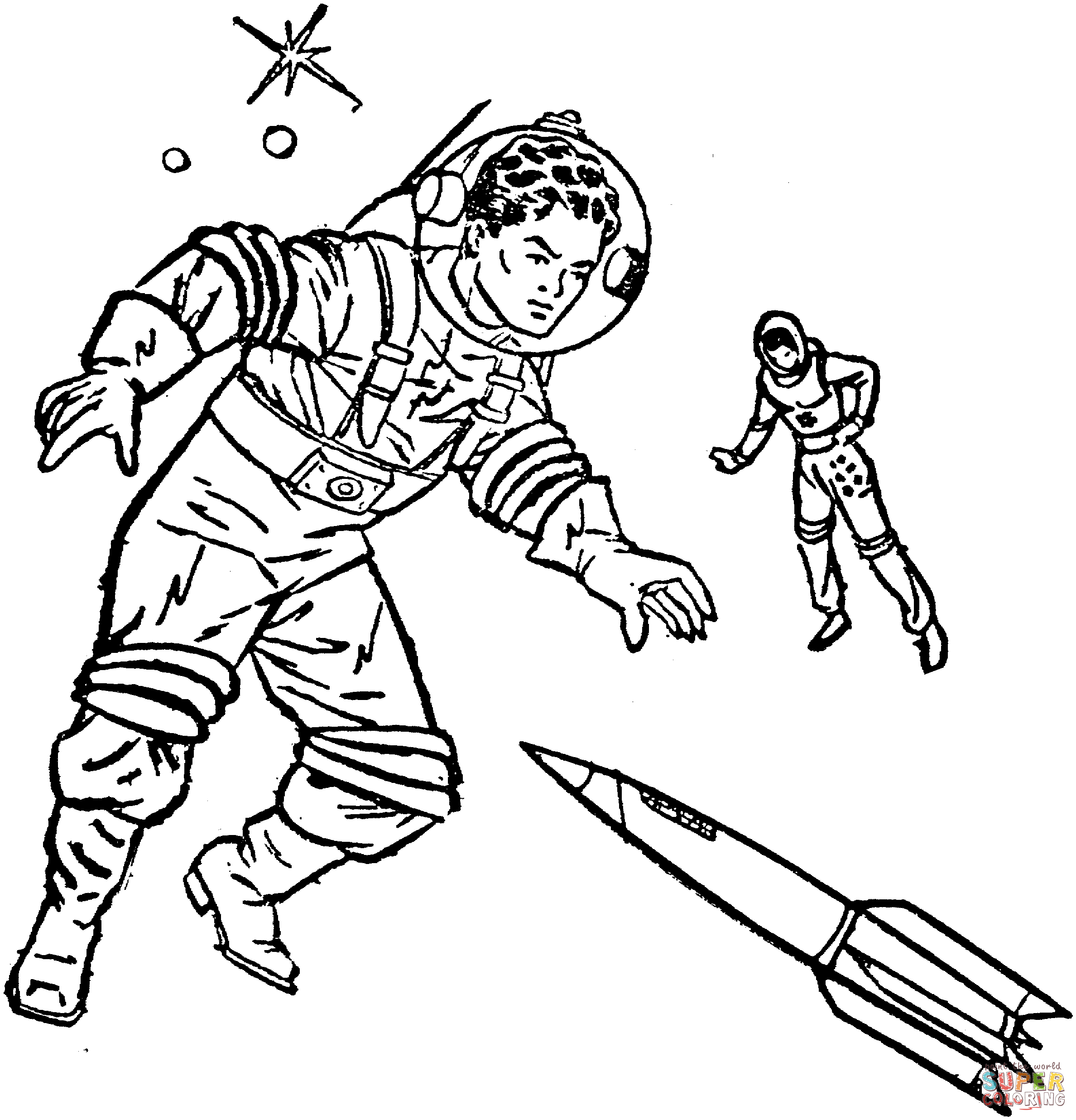 Cosmonauts in space coloring page | Free Printable Coloring Pages
