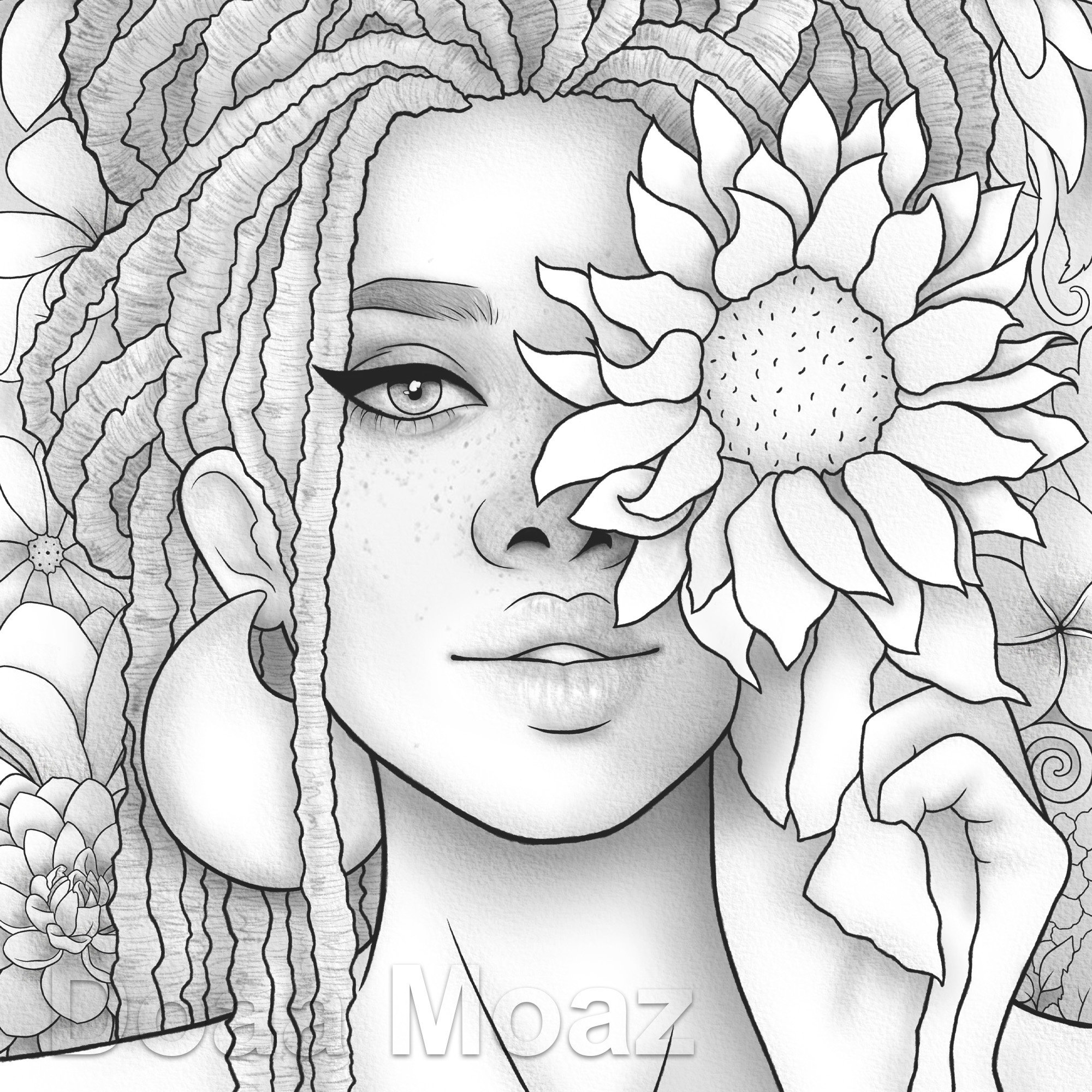 Printable coloring page Black girl floral portrait | Etsy