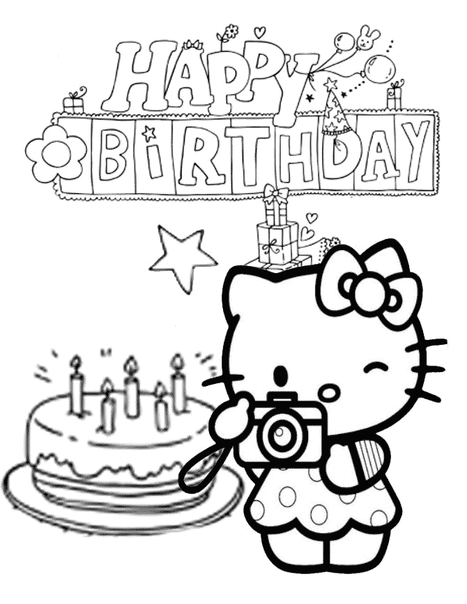 Hello Kitty Cake And Star Birthday Coloring Page