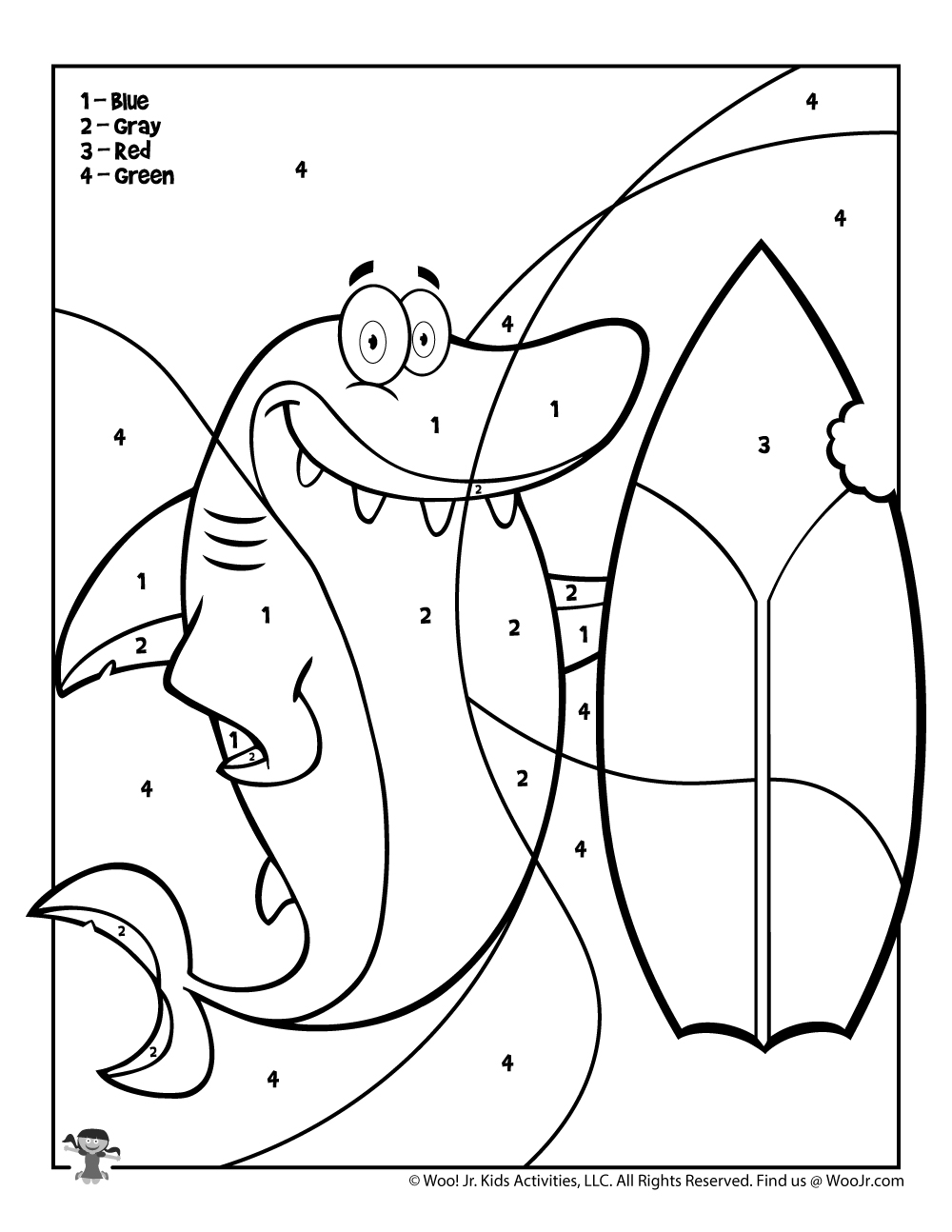 Shark Surf Board Color by Number Coloring Page | Woo! Jr. Kids Activities