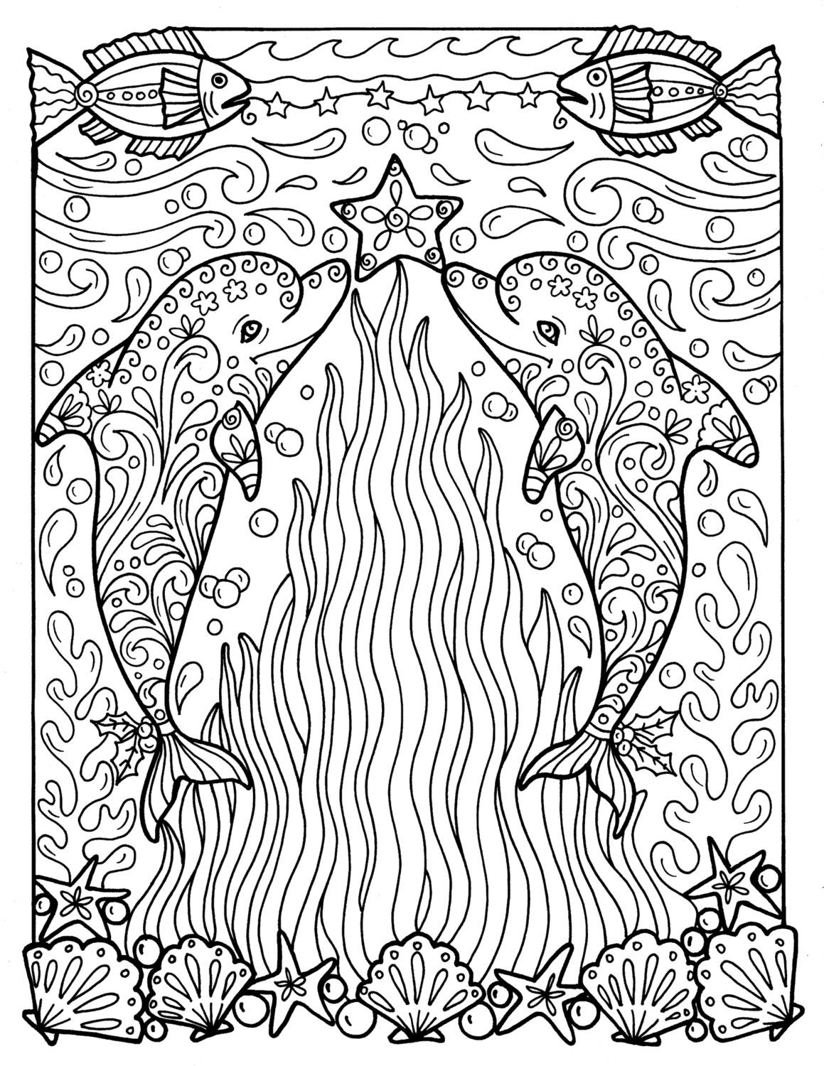 Christmas Dolphins Coloring Page Adult Coloring Beach Color | Etsy UK