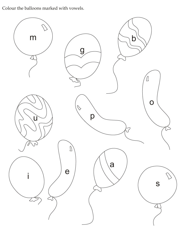 Download english activity worksheet colour the balloons marked with vowels  from bestcoloringpages.com