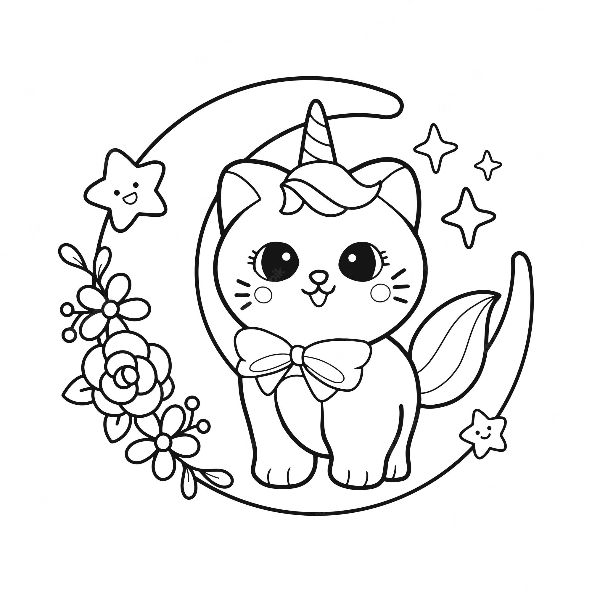 Premium Vector | Cute cat unicorn on the crescent moon hand drawn coloring  page