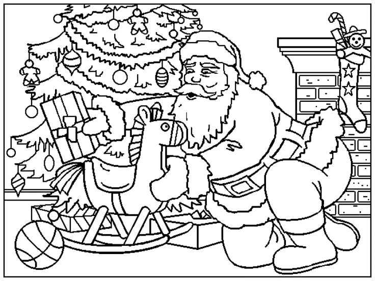 print santa put gift under the christmas tree coloring page