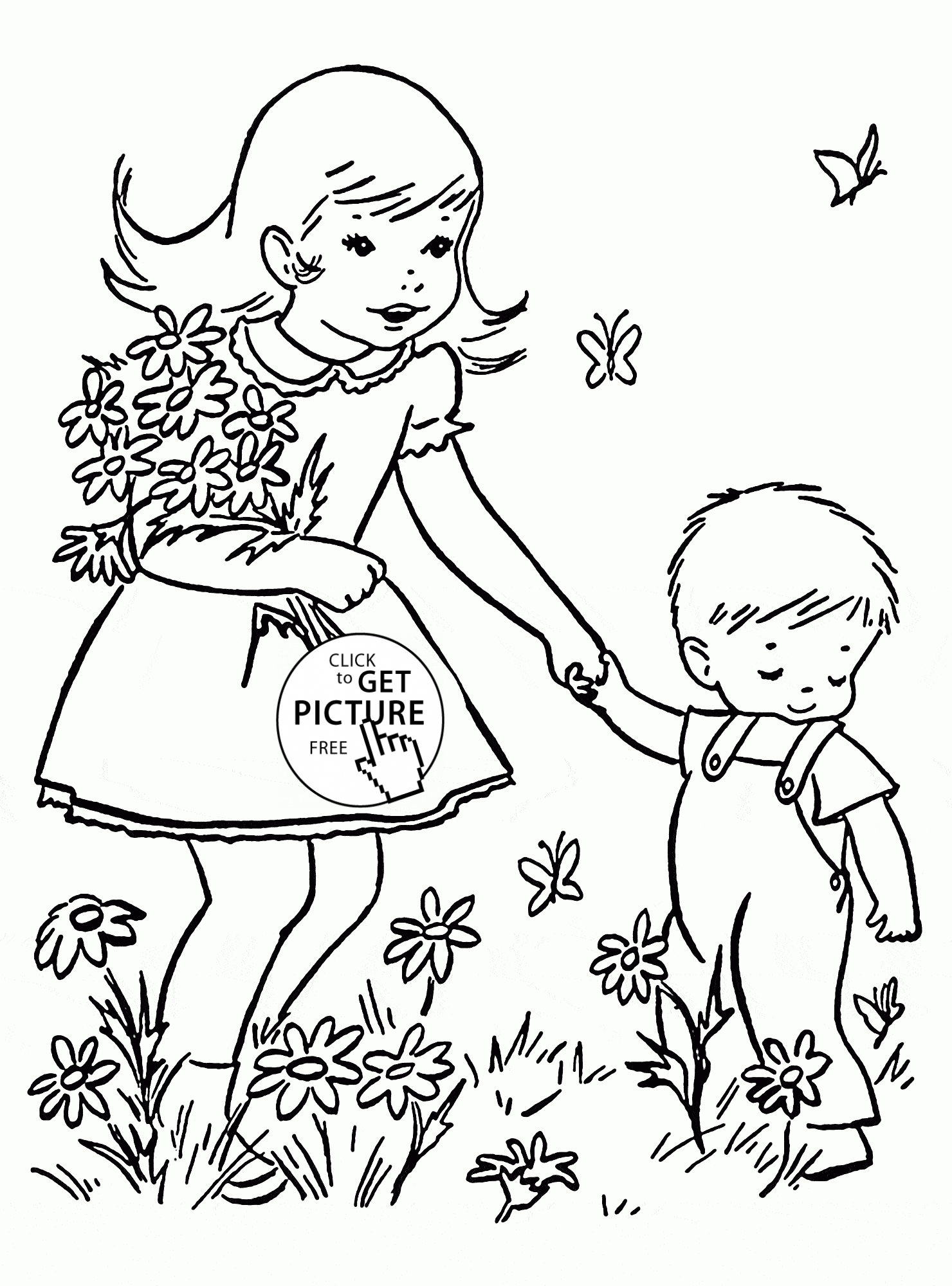 Kids and Spring Flowers coloring page for kids, seasons coloring ...