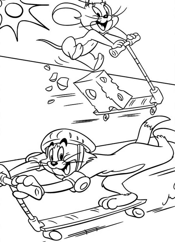Tom And Jerry Playing Scooter Coloring Page : Coloring Sun