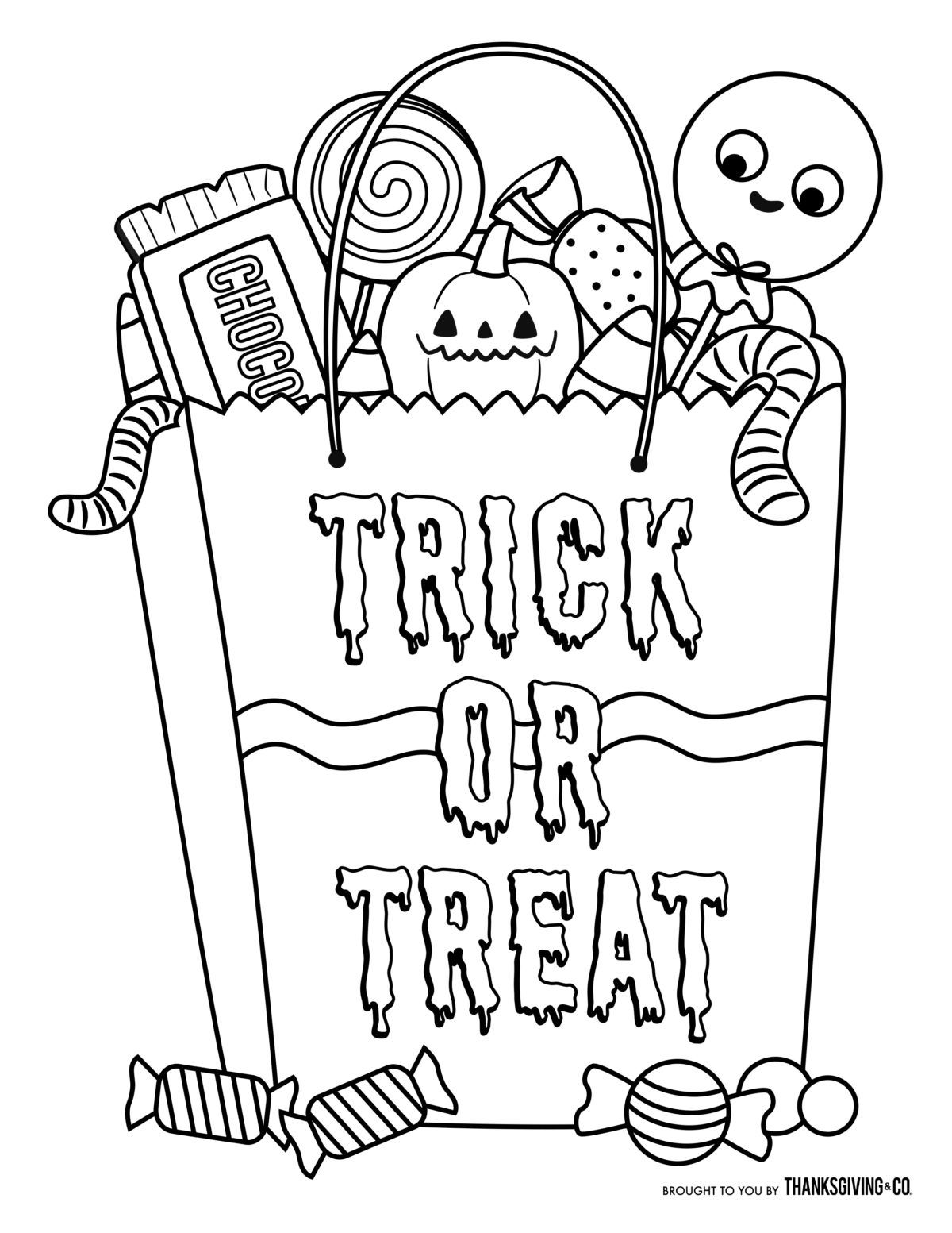 Trick Or Treat Halloween Candy Bag Coloring Page Halloween Coloring Pages Printable Free Halloween Coloring Pages Monster Coloring Pages Coloring Home