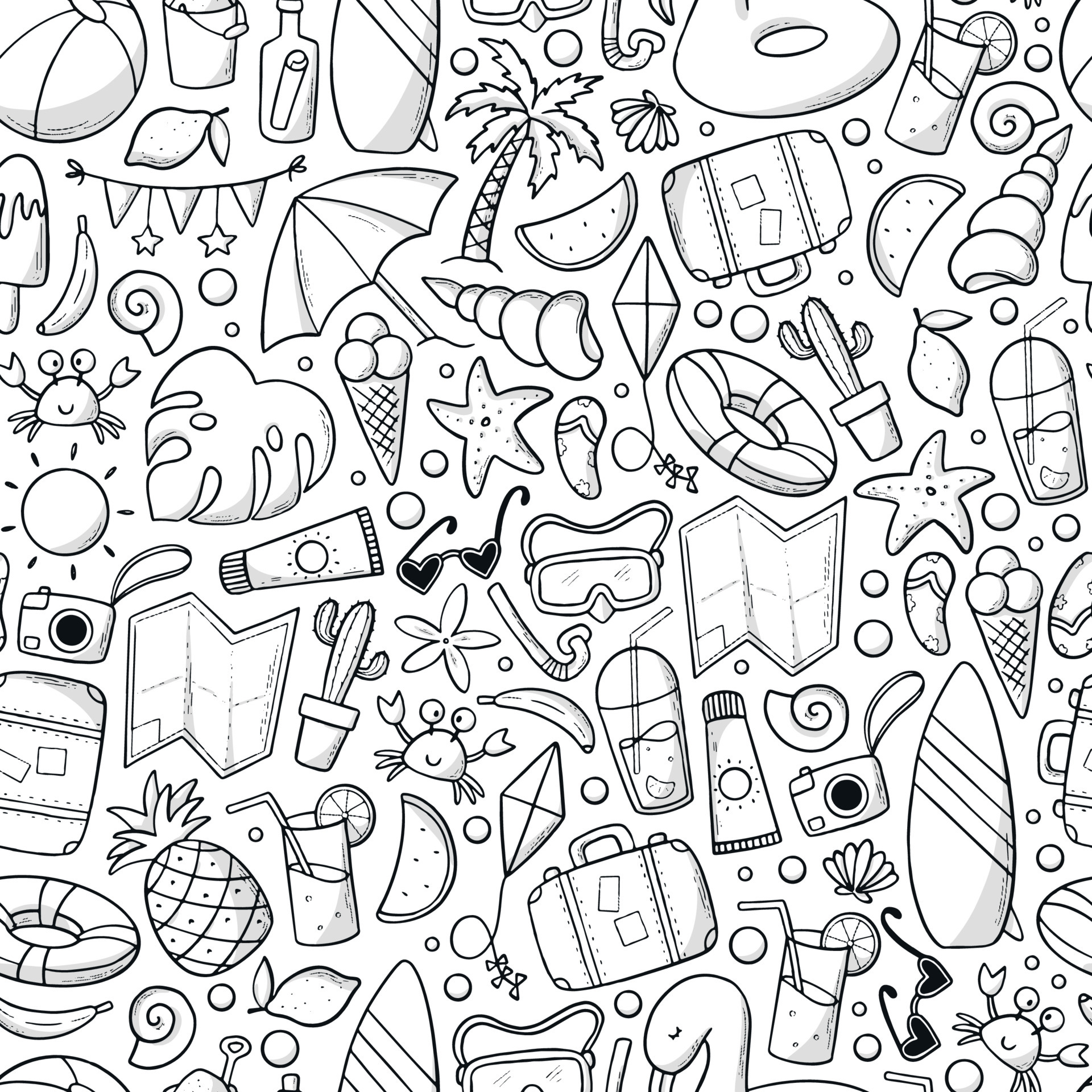 Summer seamless pattern with sketched monochrome doodles. Good for coloring  pages, wrapping paper, packaging, backgrounds, wallpaper, textile prints,  etc. EPS 10 6920297 Vector Art at Vecteezy