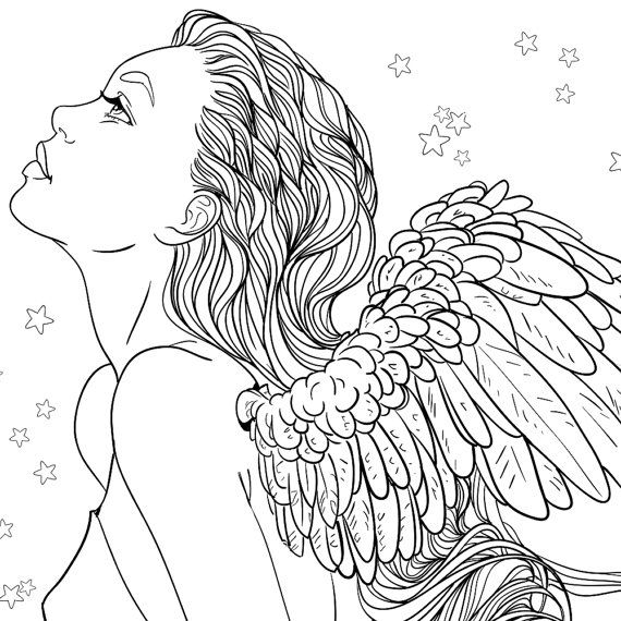 Adult Coloring Page Fantasy Girl Angel Line Art | Angel coloring ...