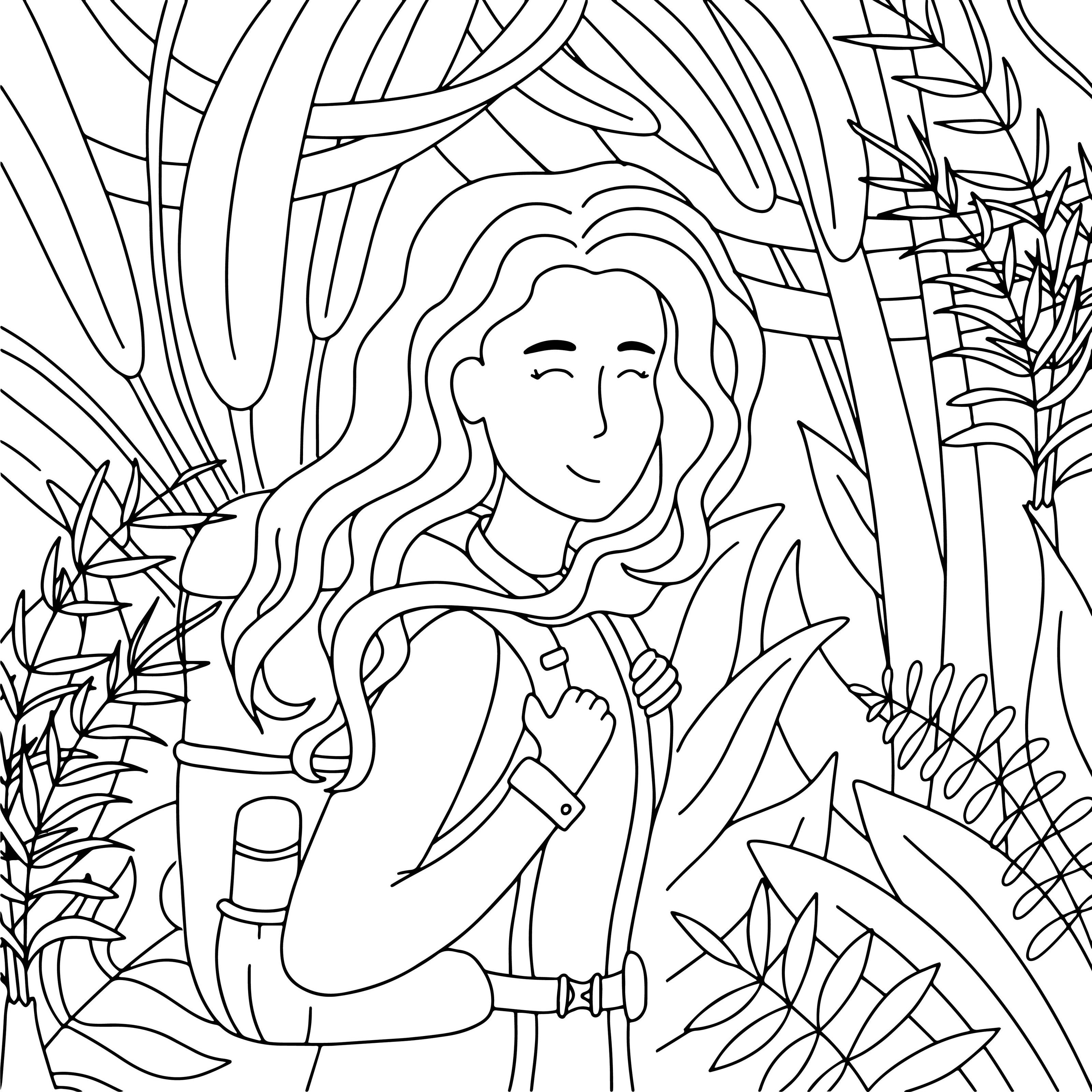Girl hiking with a backpack in the jungle coloring page 3656233 Vector Art  at Vecteezy