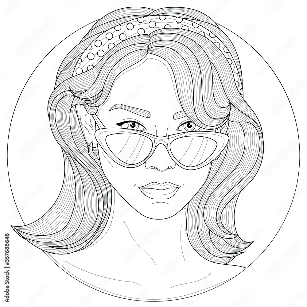 Beautiful girl with glasses, earrings and a hair band.Coloring book  antistress for children and adults. Illustration isolated on white  background.Black and white drawing.Zen-tangle style. Stock Vector | Adobe  Stock