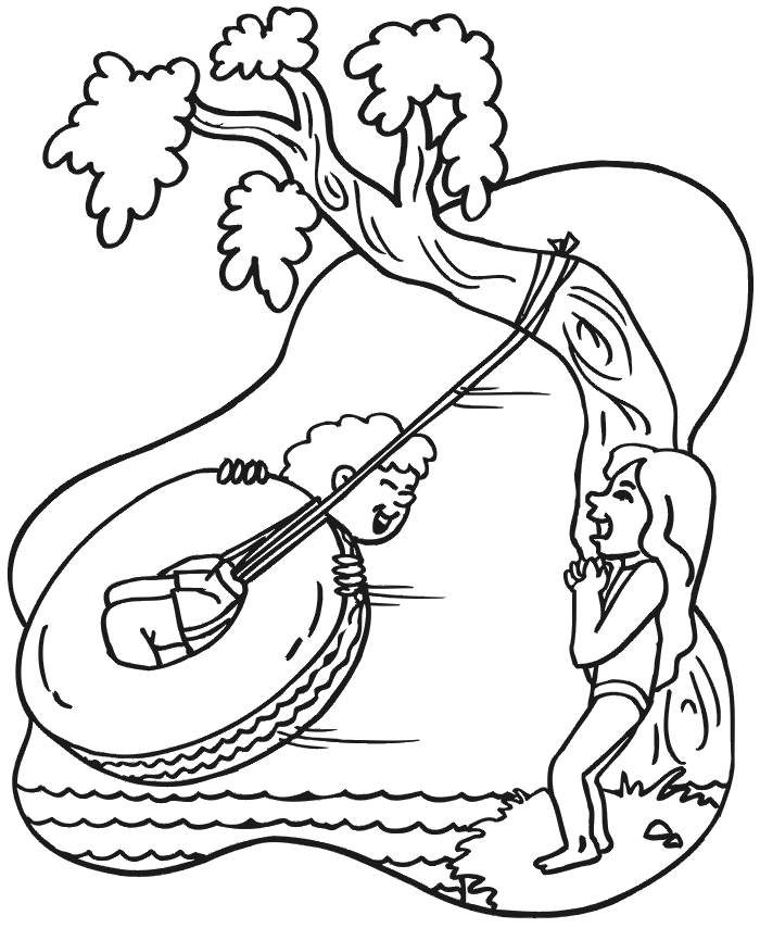 Summer Coloring Page | 2 Kids Playing With Tire Swing