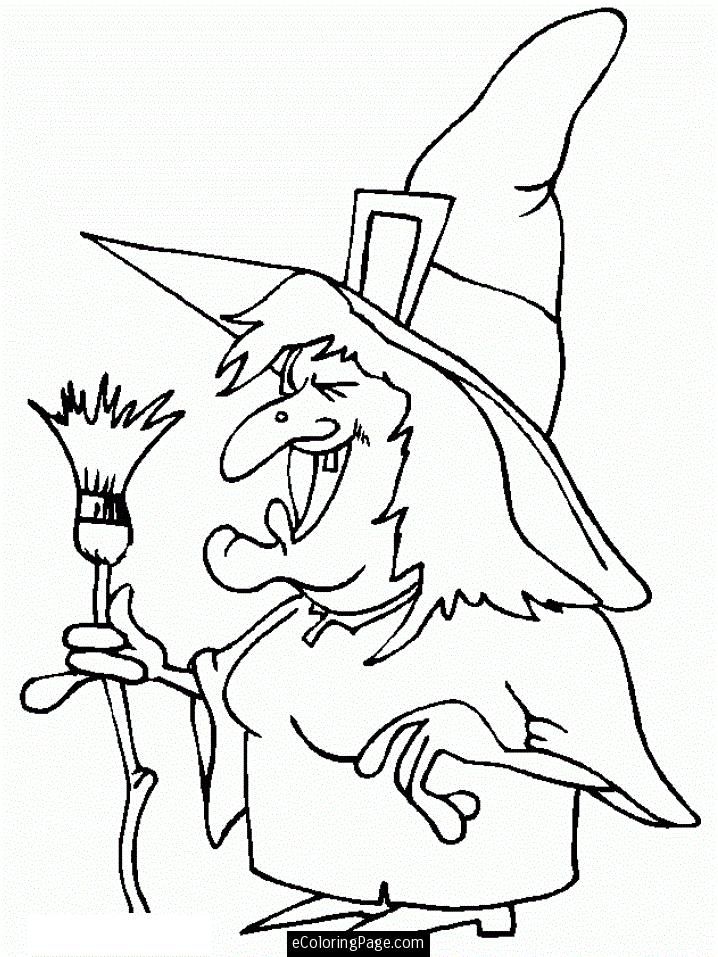 Happy Halloween Broom and Witch Coloring Page for Kids 