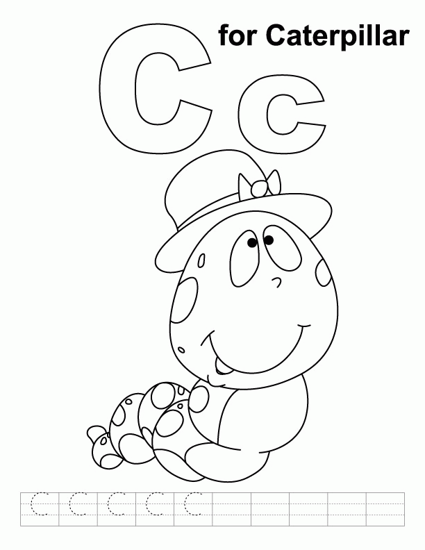 C for caterpillar coloring page with handwriting practice 