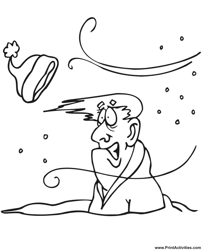 Winter Coloring Page | Wind Blowing Toque Off Guy's Head