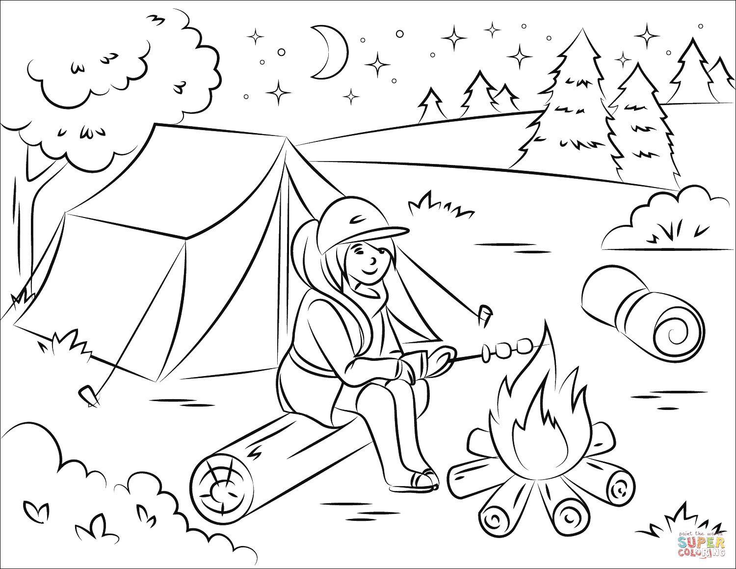 Girl Roasting Marshmallow over Campfire coloring page | Free Printable Coloring  Pages