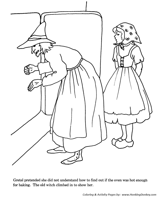 Hansel and Grettle fairy tale story coloring pages | Grettle pushed witch  in the oven story - Coloring story Pages | HonkingDonkey