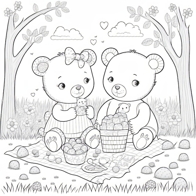 Premium Photo | Coloring page. two cartoon teddy bears in love