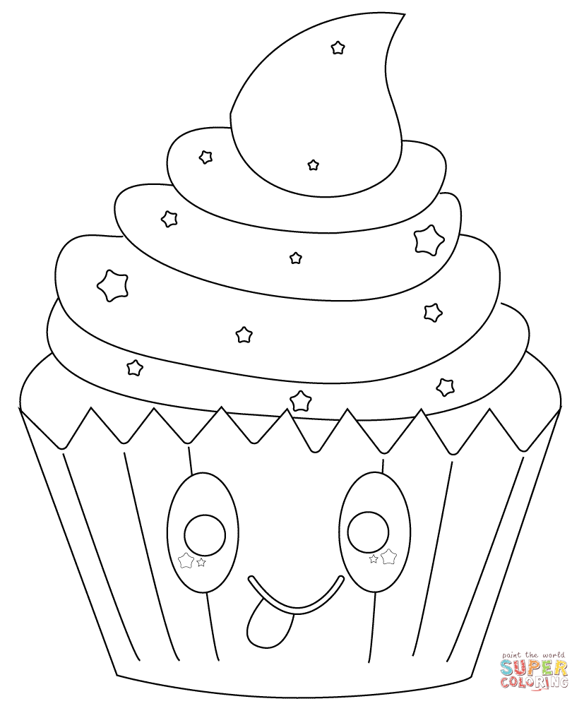Kawaii Cupcake with Stars coloring page | Free Printable Coloring Pages