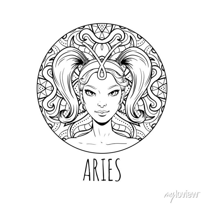 Aries zodiac sign artwork, adult coloring book page, beautiful canvas  prints for the wall • canvas prints fire, face, white | myloview.com