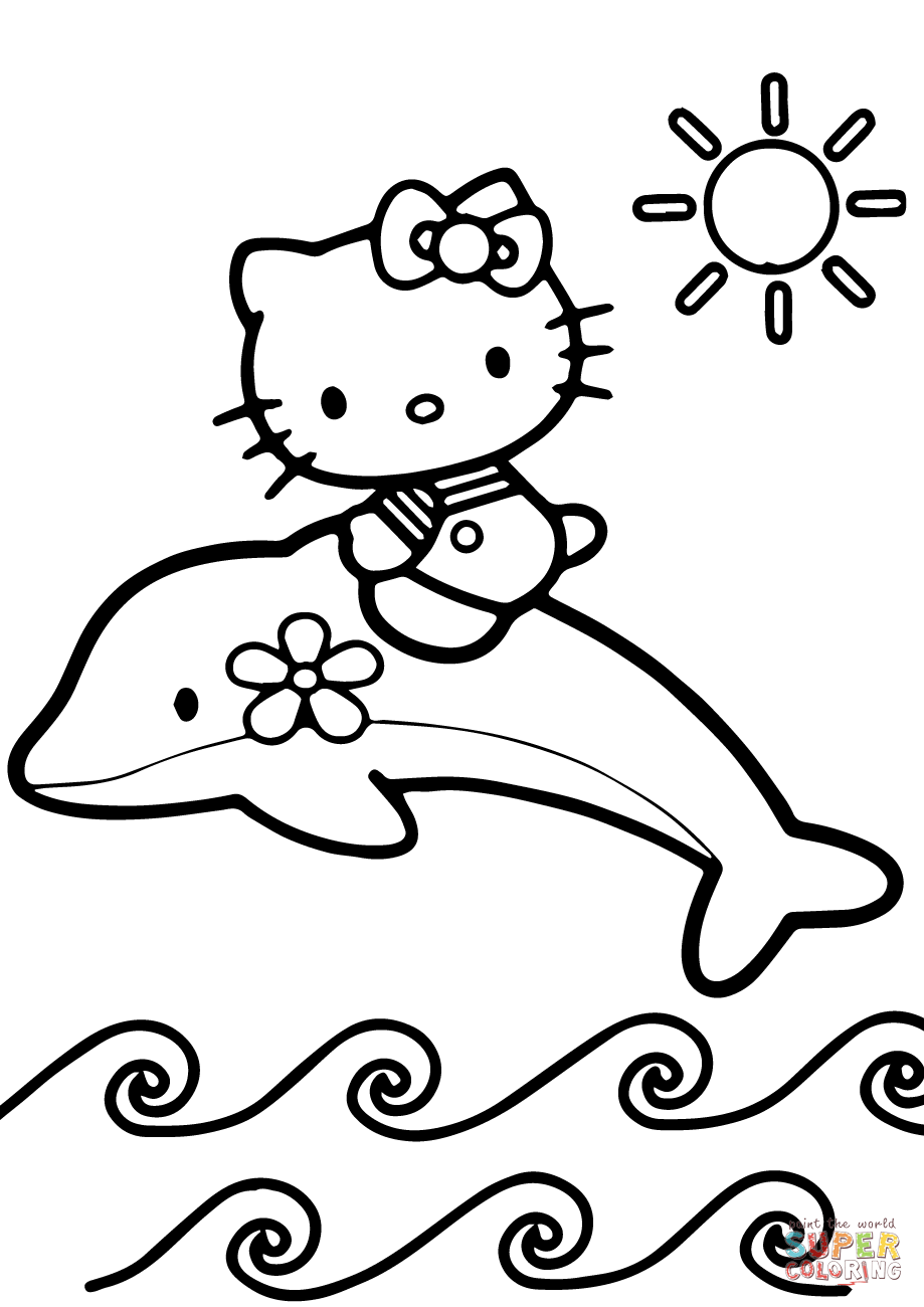 Hello Kitty Rides a Dolphin coloring page | Free Printable Coloring Pages