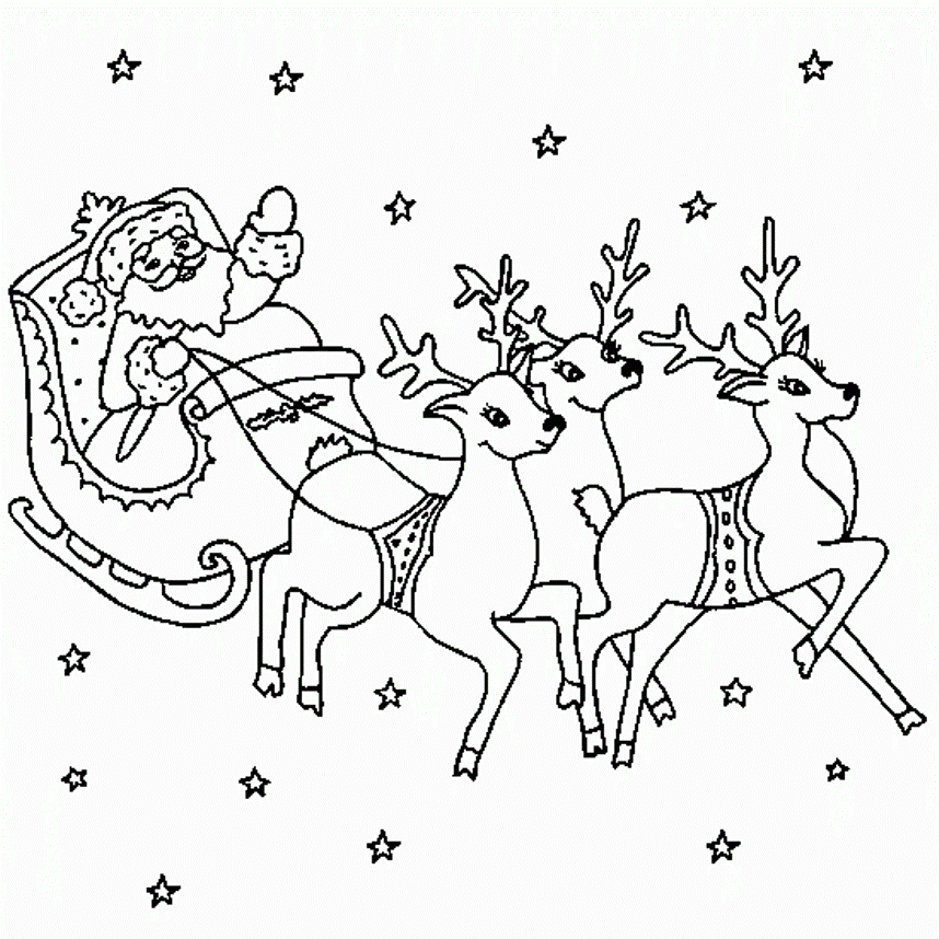 Santa and reindeer coloring page 1