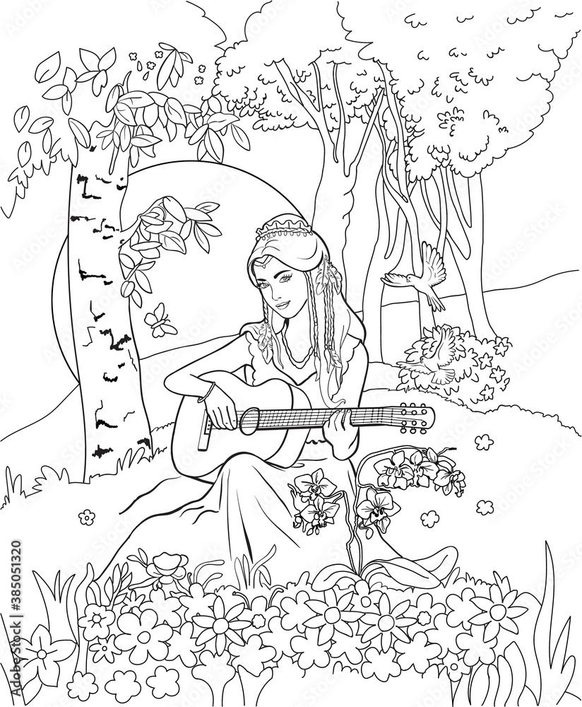 Adult coloring page, book. Pretty girl with guitar. Gypsy. Princess.Zen art  style illustration. A printable coloring page for all ages. Stock Vector |  Adobe Stock