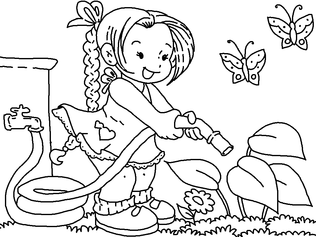 Free printable kids coloring book - student watering garden