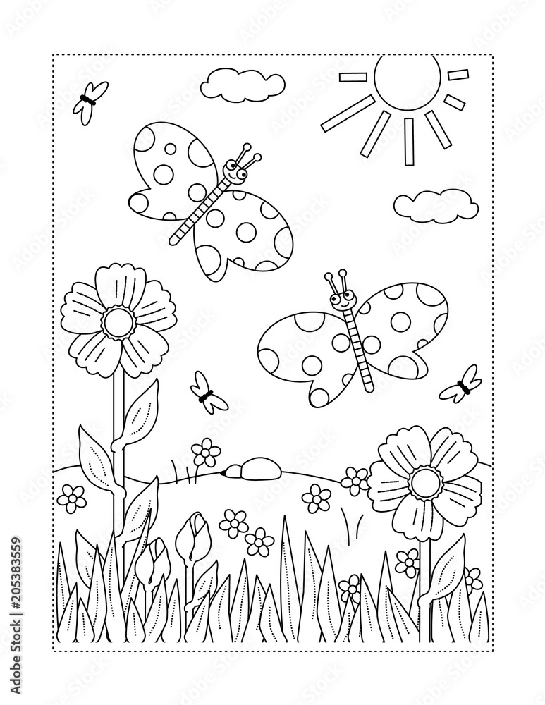 Spring or summer joy themed coloring page with butterflies, flowers, grass.  Stock Vector | Adobe Stock